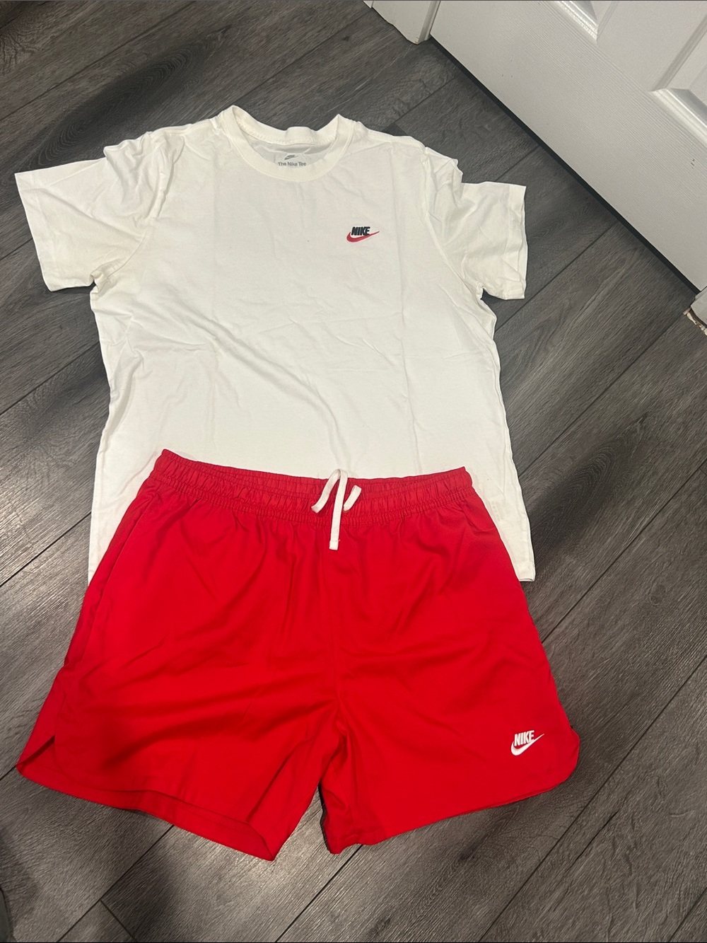 Nike White Tee with Red Athletic Shorts